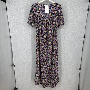 Ces Femme Milkmaid Puff Sleeve Maxi Dress Size S Multicolor Floral Side Slit NEW